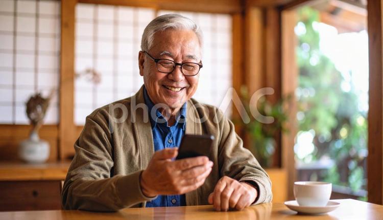 スマホを見て笑顔の男性のポートレート 人物,男性,日本人の写真素材