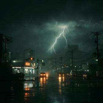 夜の日本の都市に落ちる稲妻 夜の日本の都市に落ちる稲妻の写真