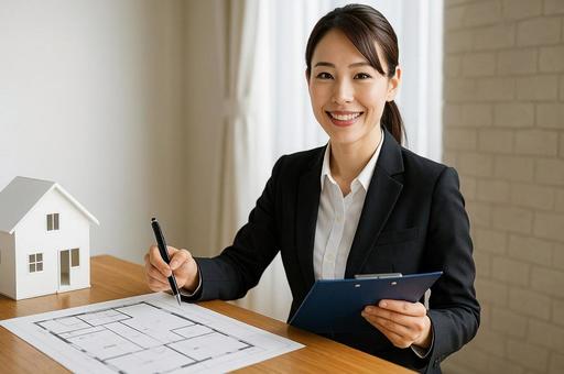 住宅の検査の打ち合わせをする女性・建築士の写真