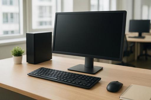 オフィスデスクとデスクトップPC オフィスデスクとデスクトップPCの写真