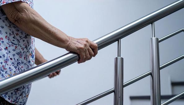 手すりにつかまって階段を上るシニア女性 手すりにつかまって階段を上るシニア女性の写真