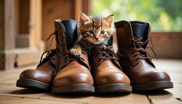ブーツの中に入って遊ぶ小さな子猫 ブーツの中に入って遊ぶ小さな子猫の写真