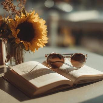 カフェテラスで過ごす、ひまわりと読書 カフェテラスで過ごす、ひまわりと読書の写真