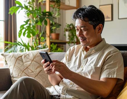 自宅でスマホを操作する中年男性 自宅でスマホを操作する中年男性の写真