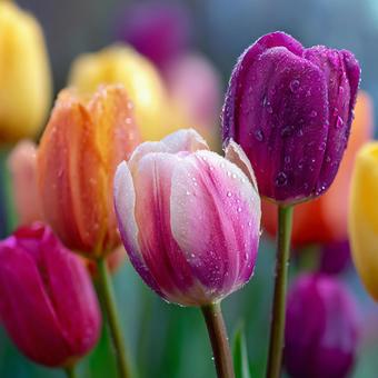 春の訪れを告げる満開のチューリップ畑の写真