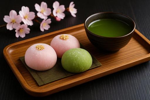 抹茶と桜もちの和菓子ティータイム 抹茶と桜もちの和菓子ティータイムの写真