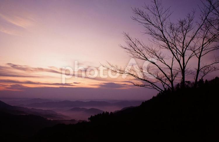 山の上から見る夜明けの風景 日の出,夜明け,朝焼けの写真素材