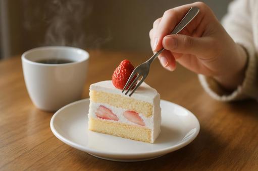 ショートケーキにフォークを入れる手元 ショートケーキにフォークを入れる手元の写真