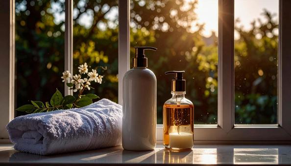 シャンプーとヘアオイルのボトルの白い容器の写真