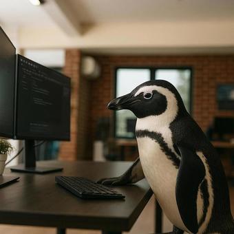 パソコンで作業するペンギン パソコンで作業するペンギンの写真