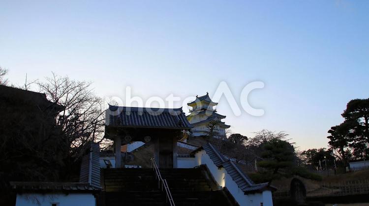 夕刻の掛川城天守と四足門 城,夜景,夕景の写真素材