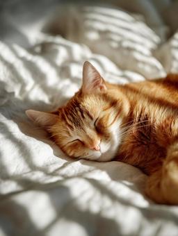 ベッドで眠る猫 ベッドで眠る猫の写真