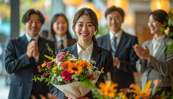 祝福され退職する女性社員 祝福され退職する女性社員の写真