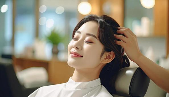 美容室でヘッドスパを受ける女性 美容室でヘッドスパを受ける女性の写真