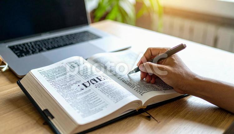 勉強のイメージ　英語辞書とパソコンとペン 勉強,ノートパソコン,英語の写真素材