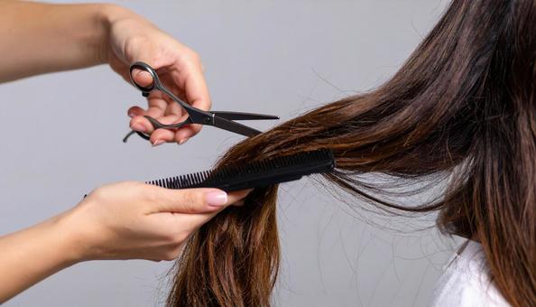ロングヘアの女性の髪をカットする美容師 ロングヘアの女性の髪をカットする美容師の写真