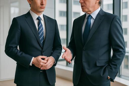 オフィスで会話するビジネスマン オフィスで会話するビジネスマンの写真