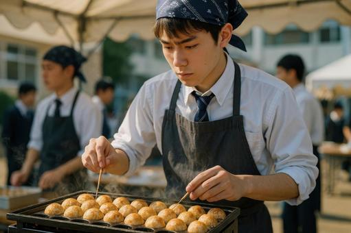 たこ焼きを焼く男子高校生 たこ焼きを焼く男子高校生の写真