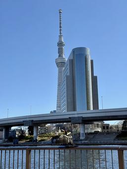 隅田川を隔てたスカイツリー 隅田川を隔てたスカイツリー 川,隅田川,柵の写真素材