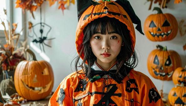 ハロウィンコスプレの女性 カボチャ仮装 ハロウィンコスプレの女性 カボチャ仮装の写真