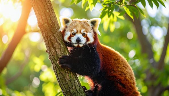 木に寄りかかるレッサーパンダ 木に寄りかかるレッサーパンダの写真