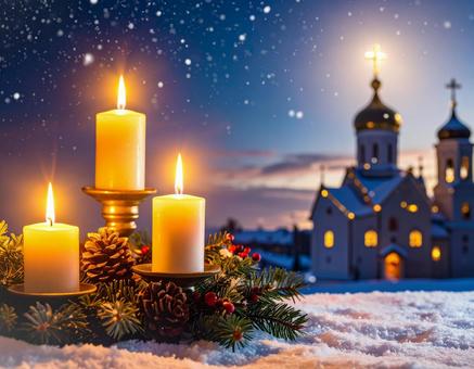 キャンドルと聖夜の教会を描いたクリスマス キャンドルと聖夜の教会を描いたクリスマスの写真