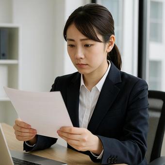資料を確認する新入社員の女性 資料を確認する新入社員の女性の写真