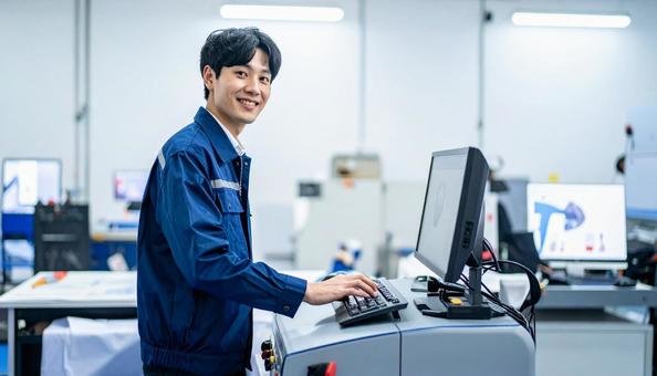 工場の三次元測定機を使う作業服の男性 工場の三次元測定機を使う作業服の男性の写真