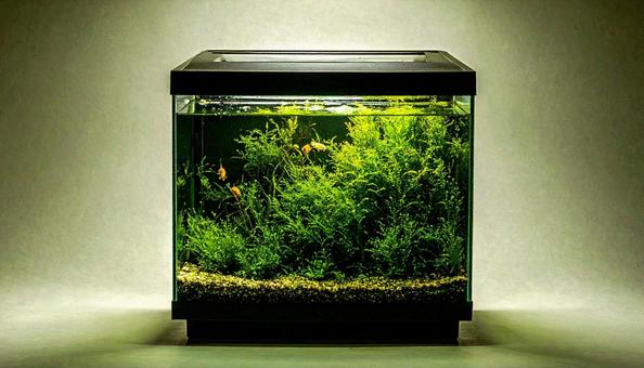 金魚が泳ぎ水草が浮かぶ水槽 金魚が泳ぎ水草が浮かぶ水槽の写真