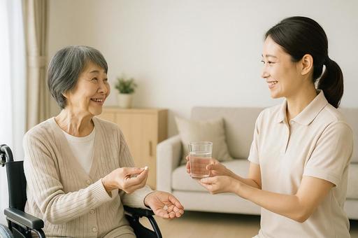 老人に服薬を勧める女性 老人に服薬を勧める女性の写真