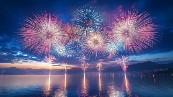 湖の夏祭りの花火大会 湖の夏祭りの花火大会の写真
