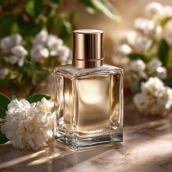 優雅な香りが漂う、花と香水瓶の写真
