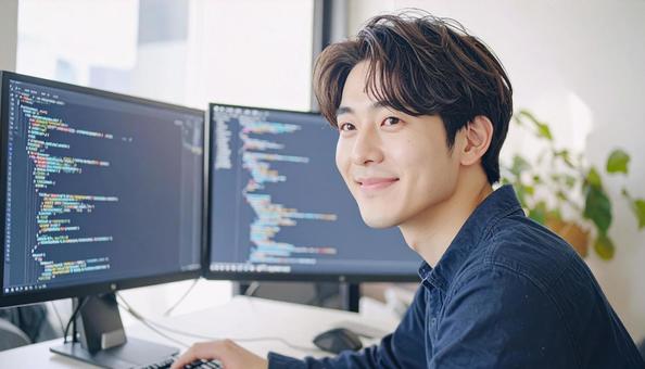 プログラミングをする男性エンジニア プログラミングをする男性エンジニアの写真