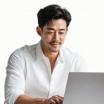 白いシャツを着てデスクワークをする男性 白いシャツを着てデスクワークをする男性の写真