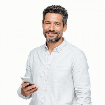 スマートフォンを手に笑顔を見せる中年男性 スマートフォンを手に笑顔を見せる中年男性の写真