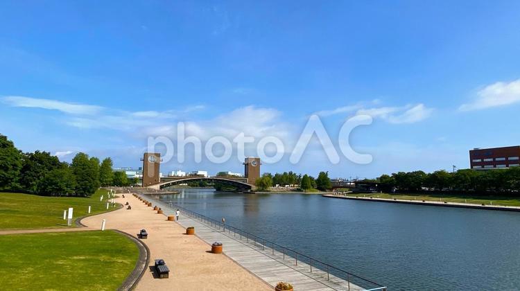 新緑の環水公園（富山） 環水公園,富山,運河の写真素材