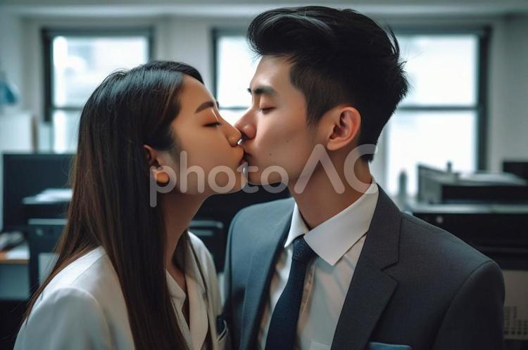 オフィスでキスをする男女 社内恋愛,不倫,恋愛の写真素材