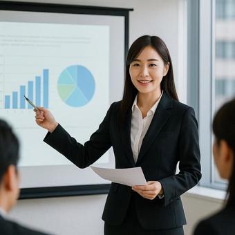 プレゼンテーションを行う日本人女性 プレゼンテーションを行う日本人女性の写真