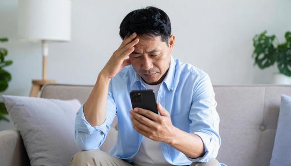 スマホを見て困惑する中年のアジア人男性 スマホを見て困惑する中年のアジア人男性の写真
