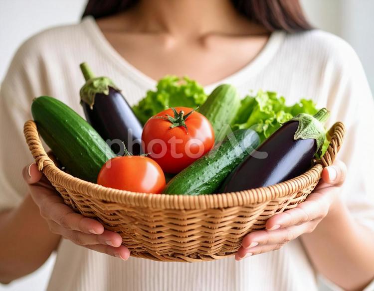 夏野菜のかごを持った女性 野菜,夏野菜,かごの写真素材