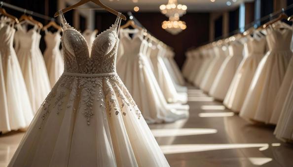 ウェディングドレスがかかる結婚式場の控室 ウェディングドレスがかかる結婚式場の控室の写真