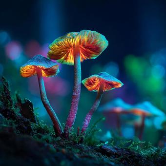 ネオンカラーに光る幻想きのこの写真