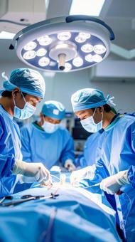 手術室で医師チームが手術で執刀している 手術室で医師チームが手術で執刀しているの写真