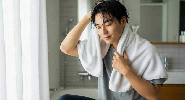 濡れた髪をタオルで拭く男性 濡れた髪をタオルで拭く男性の写真