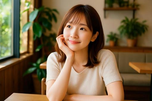 カフェで考え微笑む女性 カフェで考え微笑む女性の写真