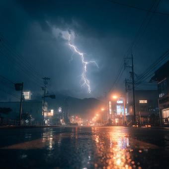 雷雨の夜、光る街の風景 雷雨の夜、光る街の風景の写真