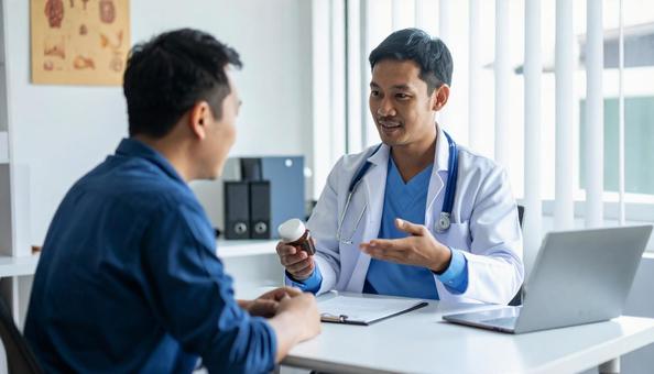 患者に対して簡単な服薬指導を行う男性医師 患者に対して簡単な服薬指導を行う男性医師の写真