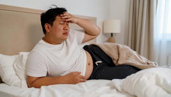 肥満で疲れやすく、額に手をやる男性 肥満で疲れやすく、額に手をやる男性の写真