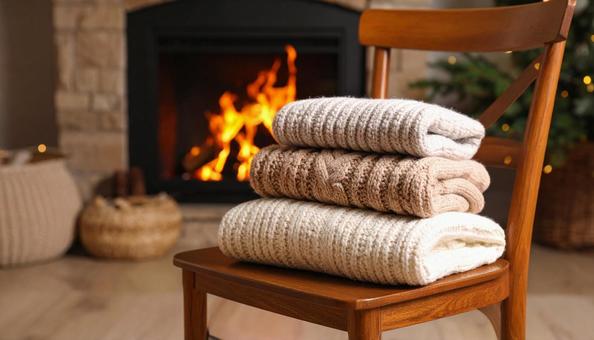 ニットブランケット・マフラー・暖炉の部屋 ニットブランケット・マフラー・暖炉の部屋の写真