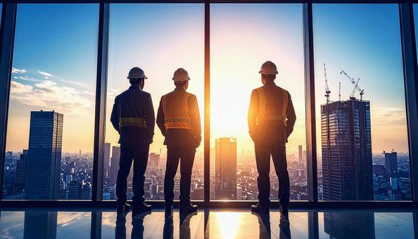 窓から街を見つめる建設作業員の社員 窓から街を見つめる建設作業員の社員の写真